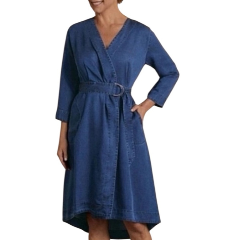 Soft Surroundings Traviata Denim Wrap Dress Blue Size Petite Medium V Neck